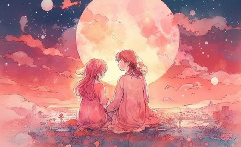 月亮卡通风小清新母亲节姐妹插画海报,插画/手绘图,插画/手绘图库,插画/手绘图下载,插画/手绘